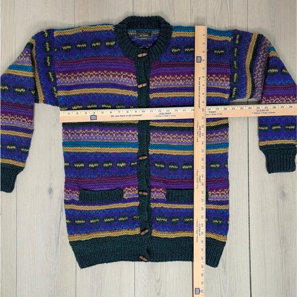 Vtg Lost horizons hand woven wool unisex button up sweater sz L colorful striped - Picture 4 of 5